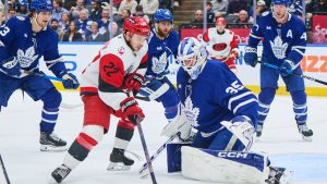Carolina Hurricanes' Logan Stankoven (22) can't get the puck past Toronto Maple Leafs goaltender Dennis Hildeby (35) during third period NHL hockey action in Toronto, on Sunday, Nov. 9, 2025. (Sammy Kogan/CP)