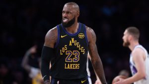 Los Angeles Lakers forward LeBron James (23) walks on the court during the first half of an NBA basketball game against the Utah Jazz Tuesday, Nov. 18, 2025, in Los Angeles. (Jae C. Hong/AP Photo)