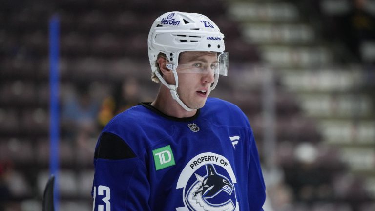 Vancouver Canucks' Jonathan Lekkerimaki looks on during the opening day of the NHL hockey team's training camp, in Penticton, B.C., on Thursday, September 18, 2025. (Darryl Dyck/CP)