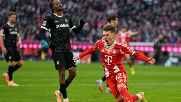 Bayern's Lennart Karl celebrates after scoring during the Bundesliga soccer match between Bayern Munich and Freiburg in Munich, Saturday, Nov. 22, 2025.(Matthias Schrader/AP)
