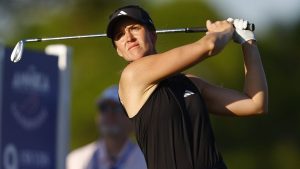 Linn Grant tees off on the ninth hole during round two of the Annika LPGA tournament on Friday, Nov. 14, 2025, in Belleair, Fla. (Luis Santana/Tampa Bay Times via AP)