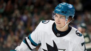 San Jose Sharks centre Macklin Celebrini reacts during the third period of an NHL hockey game against the Minnesota Wild, Sunday, Oct. 26, 2025, in St. Paul, Minn. (Ellen Schmidt/AP)