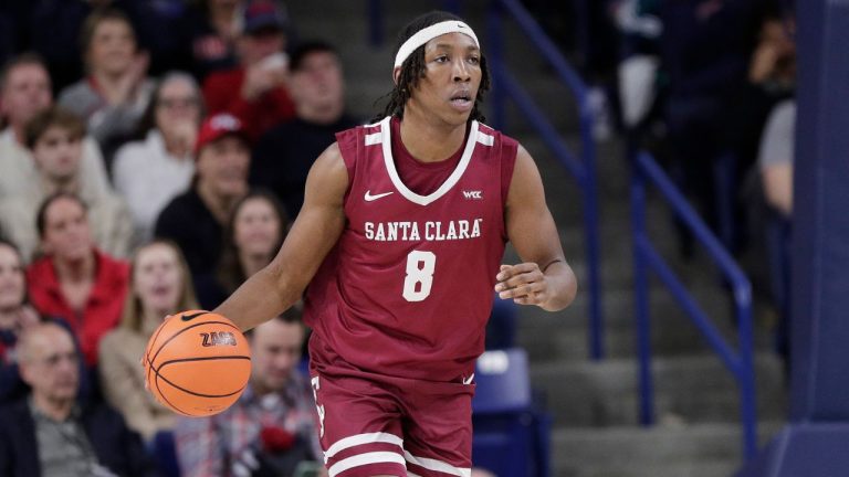 Santa Clara forward Elijah Mahi (8) controls the ball during the second half of an NCAA college basketball game against Gonzaga, Saturday, Jan. 18, 2025, in Spokane, Wash. (Young Kwak/AP Photo)