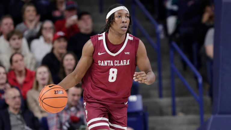 Santa Clara forward Elijah Mahi (8) controls the ball during the second half of an NCAA college basketball game against Gonzaga, Saturday, Jan. 18, 2025, in Spokane, Wash. (AP photo)