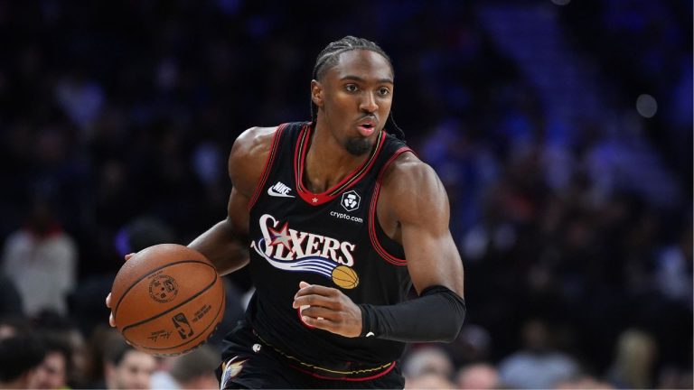 Philadelphia 76ers' Tyrese Maxey plays during an NBA basketball game Sunday, Nov. 9, 2025, in Philadelphia. (Matt Slocum/AP)