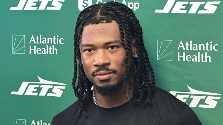New York Jets wide receiver John Metchie III speaks to reporters at the NFL football team's facility training facility. (Dennis Waszak Jr./AP)
