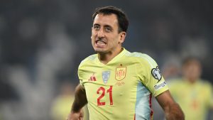 Spain's Mikel Oyarzabal celebrates after scoring his side's fourth goal during a World Cup 2026 group E qualifying soccer match between Georgia and Spain in Tbilisi, Georgia, Saturday, Nov. 15, 2025. (Tamuna Kulumbegashvili/AP)