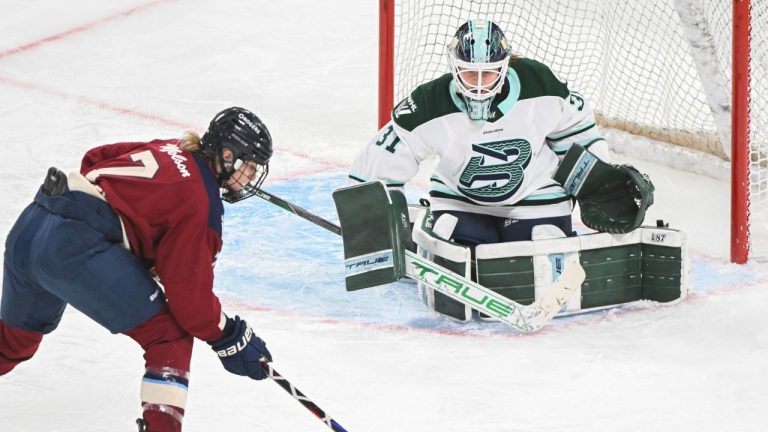 Montreal Victoire's Laura Stacey (7) moves in on Boston Fleet goaltender Aerin Frankel during second period PWHL hockey action in Montreal, Saturday, March 1, 2025. (Graham Hughes/CP)