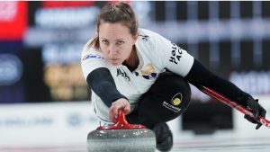 Team Homan skip Rachel Homan delivers a stone during Canadian Olympic curling trials finals action against Team Black in Halifax on Saturday, November 29, 2025. (Darren Calabrese/CP)