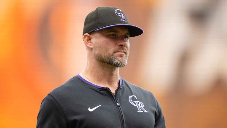 Colorado Rockies manager Warren Schaeffer looks on after making a pitching change during the fourth inning of a baseball game against the San Francisco Giants. (Thien-An Truong/AP)