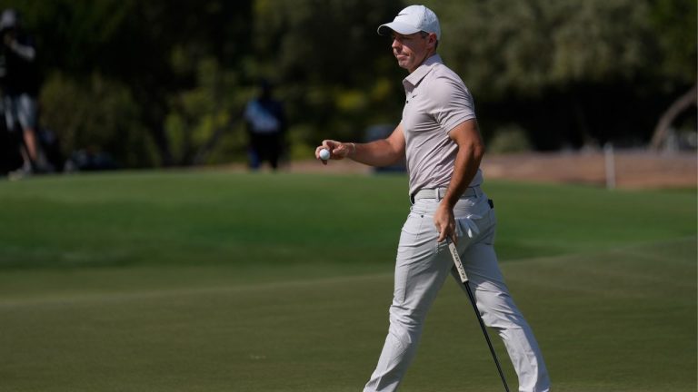 Rory McIlroy of Northern Ireland reacts after a birdie on the 1st hole during the third round of World Tour Golf Championship at Jumeirah Golf Estates, in Dubai, United Arab Emirates, Saturday, Nov. 15, 2025. (Altaf Qadri/AP)