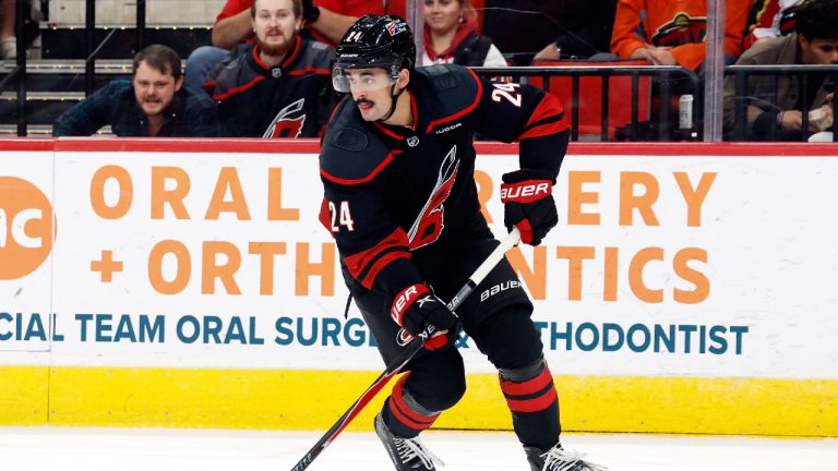 Carolina Hurricanes' Seth Jarvis (24) controls the puck against the Minnesota Wild during the second period of an NHL hockey game in Raleigh, N.C., Thursday, Nov. 6, 2025. (Karl DeBlaker/AP)