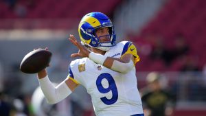 Los Angeles Rams quarterback Matthew Stafford (9) warms up before an NFL football game against the San Francisco 49ers in Santa Clara, Calif., Sunday, Nov. 9, 2025. (Godofredo A. Vásquez/AP)