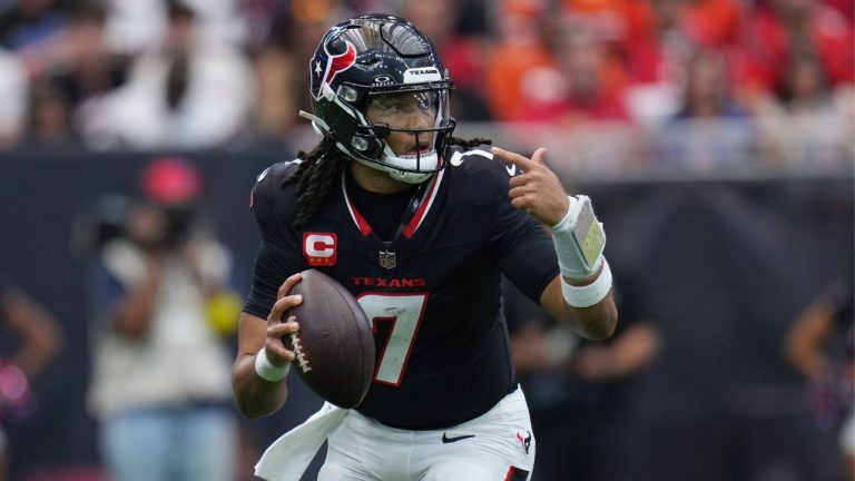 Houston Texans quarterback C.J. Stroud looks to throw against the Denver Broncos during an NFL football game in Houston, Sunday, Nov. 2, 2025. (Eric Gay/AP)