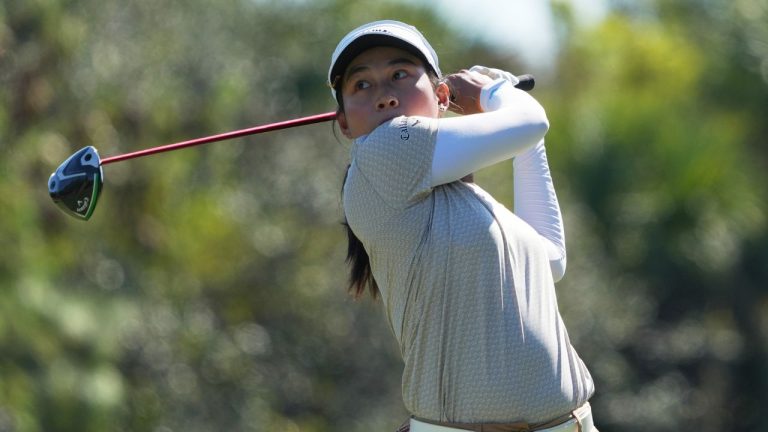 Jeeno Thitikul of Thailand hits her ball from the third tee during the final round of the LPGA Tour Championship golf tournament, Sunday, Nov. 23, 2025, in Naples, Fla. (Marta Lavandier/AP Photo)