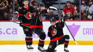Ottawa Senators Tim Stutzle (18) celebrates his goal against the Boston Bruins during third period NHL hockey action in Ottawa on Thursday, Nov. 13, 2025. (Sean Kilpatrick/CP)