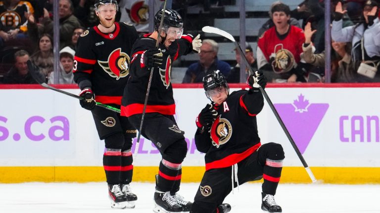 Ottawa Senators Tim Stutzle (18) celebrates his goal against the Boston Bruins during third period NHL hockey action in Ottawa on Thursday, Nov. 13, 2025. (Sean Kilpatrick/CP)