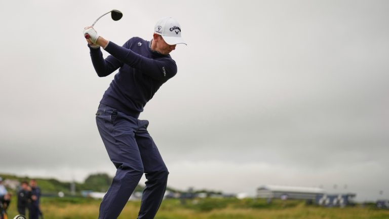 Tom McKibbin of Northern Ireland plays off the 9th tee during a practice round for the British Open golf championship at the Royal Portrush Golf Club, Northern Ireland, Tuesday, July 15, 2025. (Francisco Seco/AP)