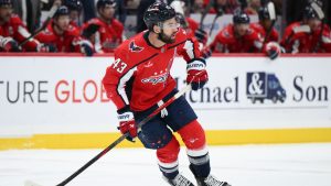 Washington Capitals right wing Tom Wilson (43) in action during the first period of an NHL hockey game against the Vancouver Canucks, Sunday, Oct. 19, 2025, in Washington. (Nick Wass/AP)