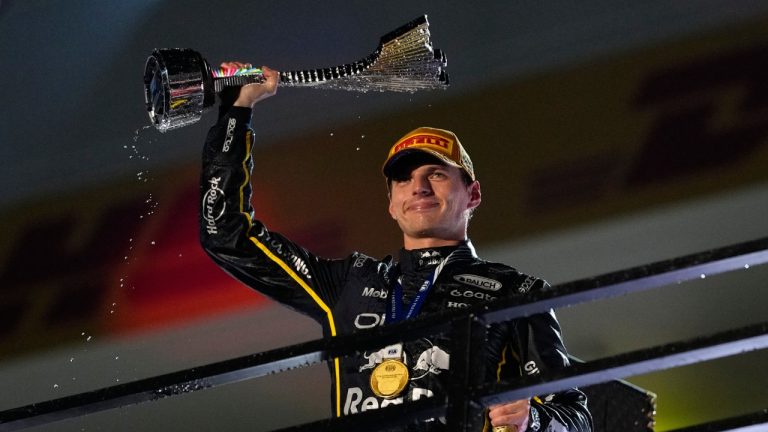 First place finisher Red Bull driver Max Verstappen of the Netherlands celebrates after the Formula One Las Vegas Grand Prix auto race, Saturday, Nov. 22, 2025 in Las Vegas. (John Locher/AP)