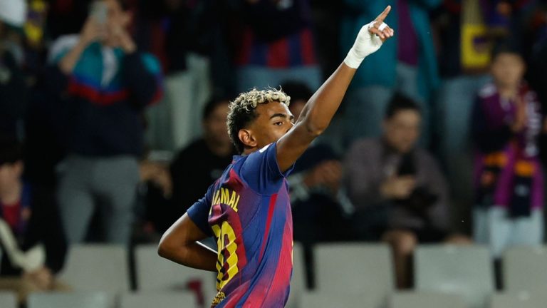 Barcelona's Lamine Yamal celebrates after scoring his side's opening goal during a Spanish La Liga soccer match between FC Barcelona and Elche CF in Barcelona, Spain, Sunday, Nov. 2, 2025. (Joan Monfort/AP)