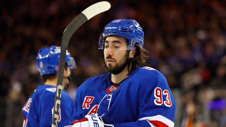 New York Rangers centre Mika Zibanejad (93) during the second period of an NHL hockey game against the Carolina Hurricanes, Tuesday Nov. 4, 2025, in New York. (Noah K. Murray/AP Photo)