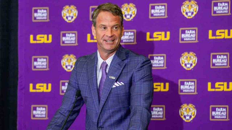 LSU's new head football coach Lane Kiffin gives an opening statement at an introductory news conference, Monday, Dec. 1, 2025, in Baton Rouge, La. (Michael Johnson/The Advocate via AP)
