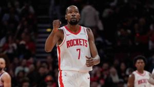 Houston Rockets forward Kevin Durant (7) celebrates during the first half of an NBA basketball game against the Phoenix Suns in Houston, Friday, Dec. 5, 2025. (Ashley Landis/AP)