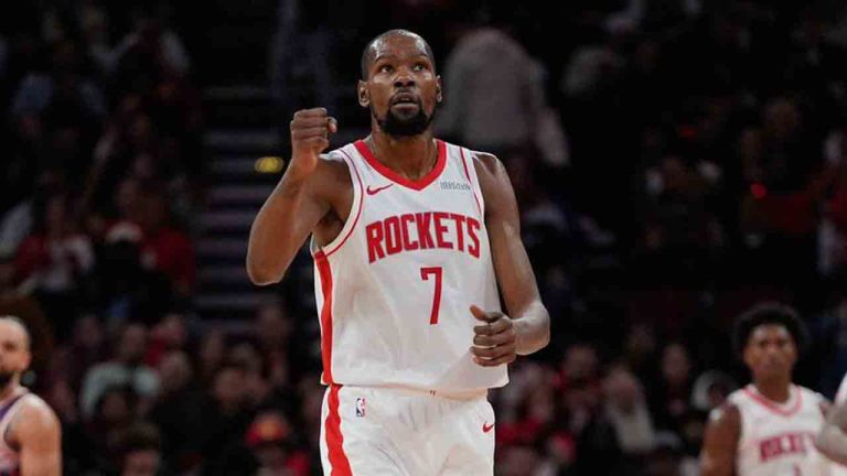 Houston Rockets forward Kevin Durant (7) celebrates during the first half of an NBA basketball game against the Phoenix Suns in Houston, Friday, Dec. 5, 2025. (Ashley Landis/AP)