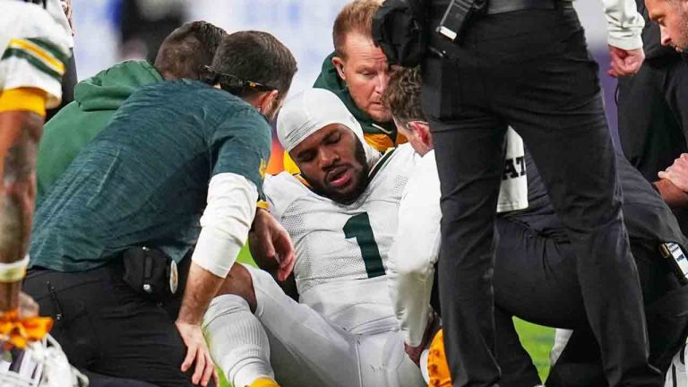 Green Bay Packers' Micah Parsons reacts after an injury during the second half of an NFL football game against the Denver Broncos Sunday, Dec. 14, 2025, in Denver. (Jack Dempsey/AP)