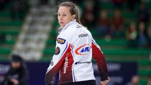 Canada’s Team Rachel Homan looking back at the house as she slides down the ice to shoot vs. Korea’s Team Eun-jung Kim at the HearingLife Canadian Open on Thursday Dec. 18, 2025, in Saskatoon, Sask. (Anil Mungal/TCG)