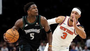 Minnesota Timberwolves guard Anthony Edwards reacts to his basket against the New York Knicks during the first half of an NBA basketball game Tuesday, Dec. 23, 2025, in Minneapolis. (Matt Krohn/AP)