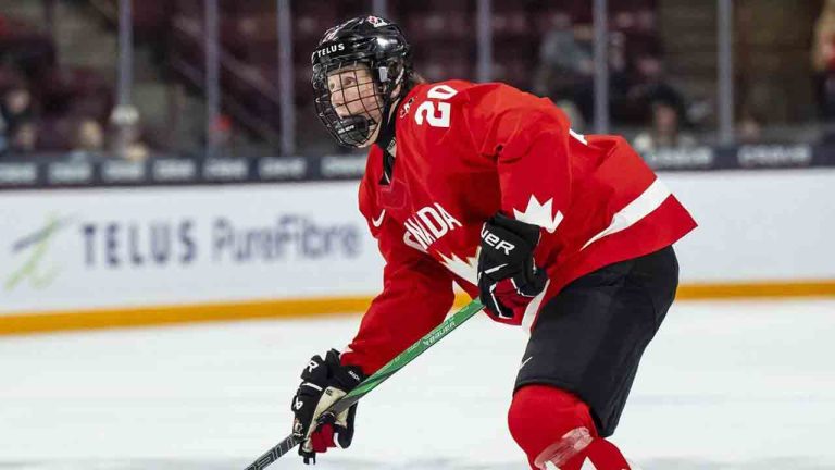 Canadian defenceman Keaton Verhoeff (20) plays against Denmark at the world junior hockey championship in Minneapolis on Monday, Dec. 29, 2025. (Christopher Katsarov/CP)