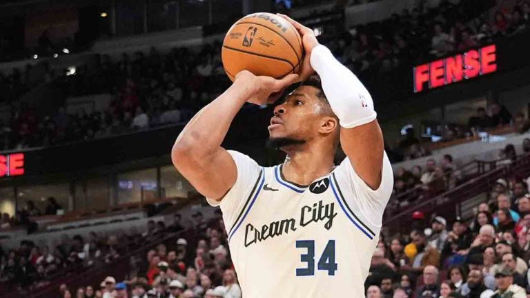Milwaukee Bucks forward Giannis Antetokounmpo shoots against the Chicago Bulls during the first half of an NBA basketball game in Chicago, Saturday, Dec. 27, 2025. (Nam Y. Huh/AP)