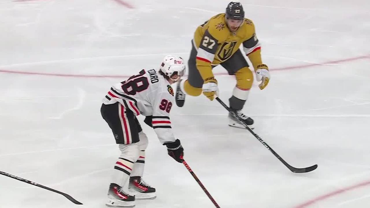 Blackhawks’ Bedard shows off amazing release with bar down goal