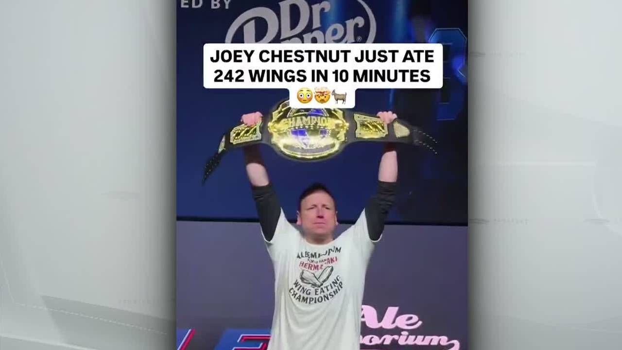 Joey Chestnut puts down 242 chicken wings in just 10 minutes