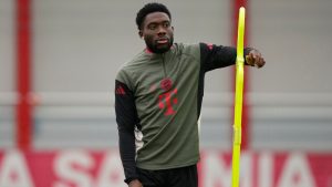 Bayern's Alphonso Davies attends a training session in Munich, Germany, Monday, Dec. 8, 2025. (Matthias Schrader/AP)