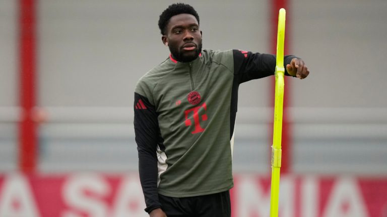Bayern's Alphonso Davies attends a training session in Munich, Germany, Monday, Dec. 8, 2025. (Matthias Schrader/AP)