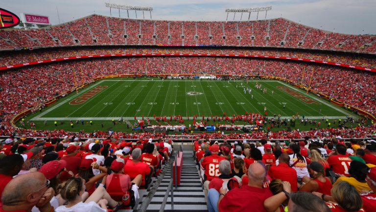 A general view of GEHA field at Arrowhead Stadium during the first half of an NFL football game between the Kansas City Chiefs and the Philadelphia Eagles, Sunday, Sept. 14, 2025 in Kansas City, Mo. (Reed Hoffmann/AP)