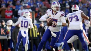Buffalo Bills quarterback Josh Allen (17) looks to throw the ball during an NFL football game against the Cleveland Browns, Sunday, Dec. 21 2025, in Cleveland. (Kirk Irwin/AP)