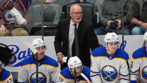 Buffalo Sabres head coach Lindy Ruff in the third period of an NHL hockey game Thursday, Nov. 13, 2025, in Denver. (David Zalubowski/AP)