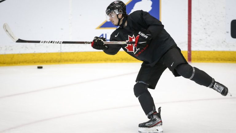 Xavier Bourgault shoots a puck during a practice at the Canadian World Junior Hockey Championships selection camp in Calgary, Alta., Saturday, Dec. 11, 2021. THE CANADIAN PRESS/Jeff McIntosh