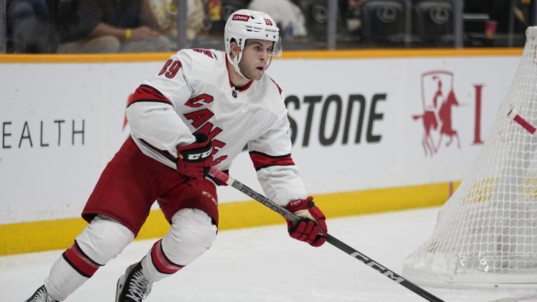 Carolina Hurricanes defenseman Domenick Fensore (89) plays against the Nashville Predators during the second period of a preseason NHL hockey game Thursday, Oct. 5, 2023 in Nashville, Tenn. (AP Photo/George Walker IV)