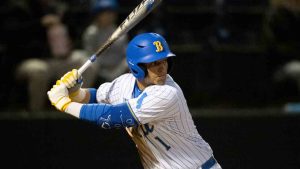 UCLA's Roch Cholowsky (1) bats during an NCAA baseball game against BYU on Tuesday, Feb. 18, 2025, in Los Angeles. (Kyusung Gong/AP)
