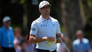 Corey Conners looks ahead on the eighth hole during the first round of the RBC Heritage golf tournament, Thursday, April 17, 2025, in Hilton Head Island, S.C. (Mike Stewart/AP)