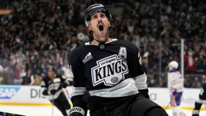 Los Angeles Kings center Phillip Danault celebrates his goal during the second period in Game 1 of an NHL hockey first-round playoff series against the Edmonton Oilers, Monday, April 21, 2025, in Los Angeles. (Mark J. Terrill/AP)