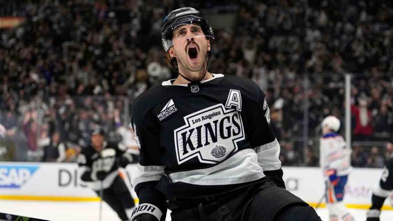 Los Angeles Kings center Phillip Danault celebrates his goal during the second period in Game 1 of an NHL hockey first-round playoff series against the Edmonton Oilers, Monday, April 21, 2025, in Los Angeles. (Mark J. Terrill/AP)