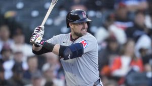 Cleveland Guardians' Lane Thomas during a game against the San Francisco Giants in San Francisco, Tuesday, June 17, 2025. (Jeff Chiu/AP)