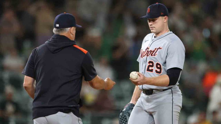 Detroit Tigers starting pitcher Tarik Skubal (29) hands the ball to manager A.J. Hinch, left, before being pulled during the seventh inning of a baseball game Monday, Aug. 25, 2025, in West Sacramento, Calif. (Scott Marshall/AP)