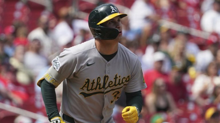 Athletics' JJ Bleday watches his two-run home run during the fourth inning of a baseball game against the St. Louis Cardinals Monday, Sept. 1, 2025, in St. Louis. (AP Photo/Jeff Roberson)